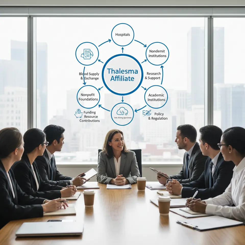 A visual network map showing a Thalassemia affiliate at the center, connected by labeled arrows to hospitals, regional blood banks, nonprofit foundations, academic institutions and government health agencies; include icons for MOUs, data-sharing agreements and joint resource contributions
