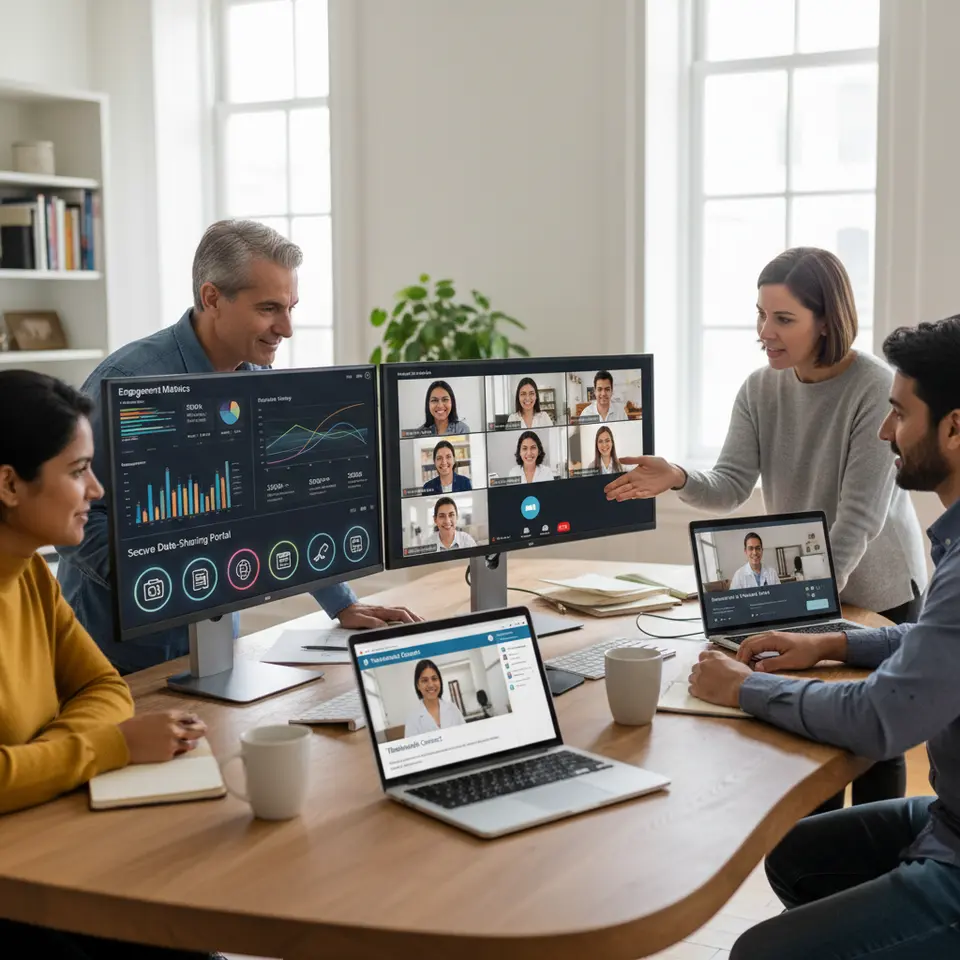 A sleek digital hub showcasing thalassemia affiliates collaborating online: a multi-participant video conference grid of chapter leaders, interactive analytics dashboards with engagement metrics, secure data-sharing portal icons, virtual webinar screens, and a laptop displaying a telehealth consultation page.