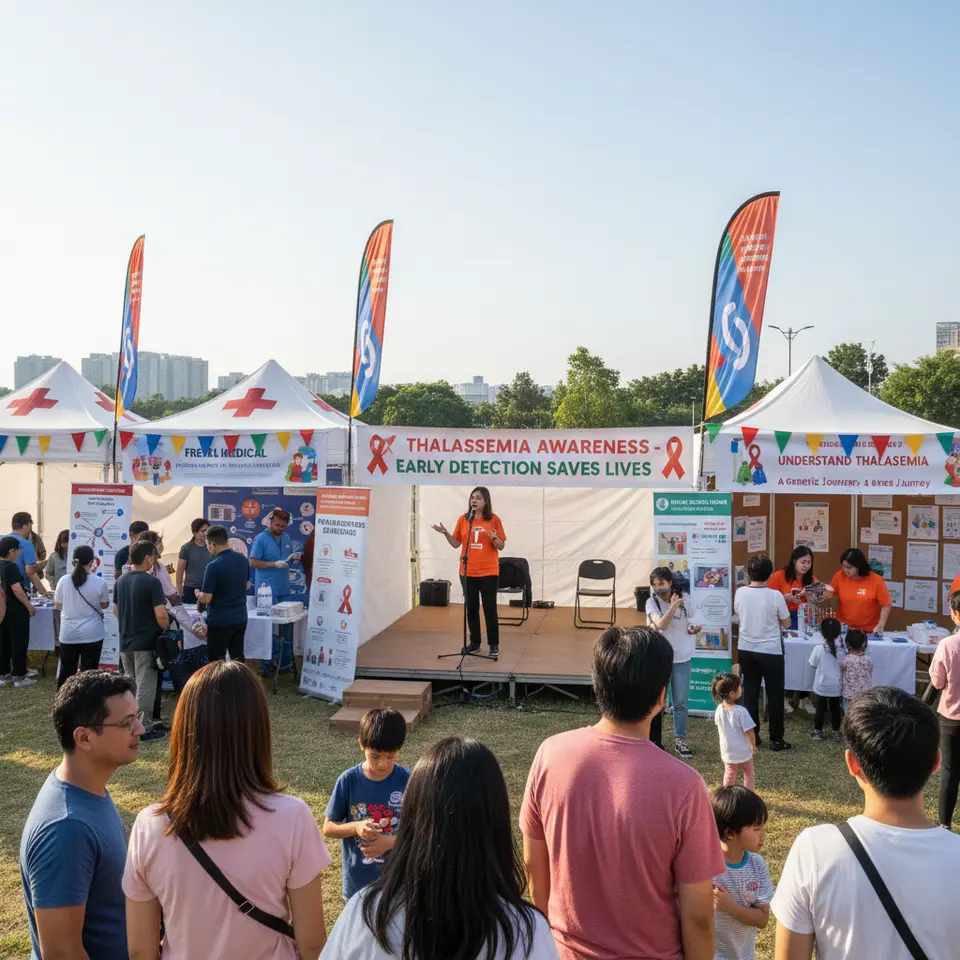 A vibrant outdoor thalassemia awareness fair: volunteers staffing screening booths under colorful banners, families getting free blood tests at mobile tents, educational posters and animated infographics on display boards, a small stage with a patient testimonial speaker, and interactive demonstration stations for genetic counseling.